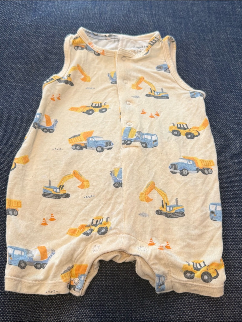 Angel Dear Romper Shortie Yellow & Blue Truck Construction Print 3-6m Bamboo